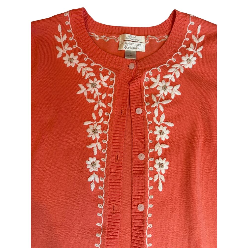 Vintage Women's Hand Embroidered Beaded Floral Cardigan MEDIUM Coral Pink VTG